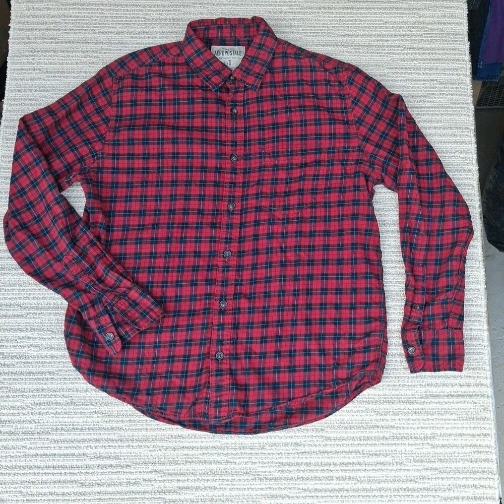 Aeropostale Mens Large Red Blue Plaid Button Down Shirt Long Sleeve Classic